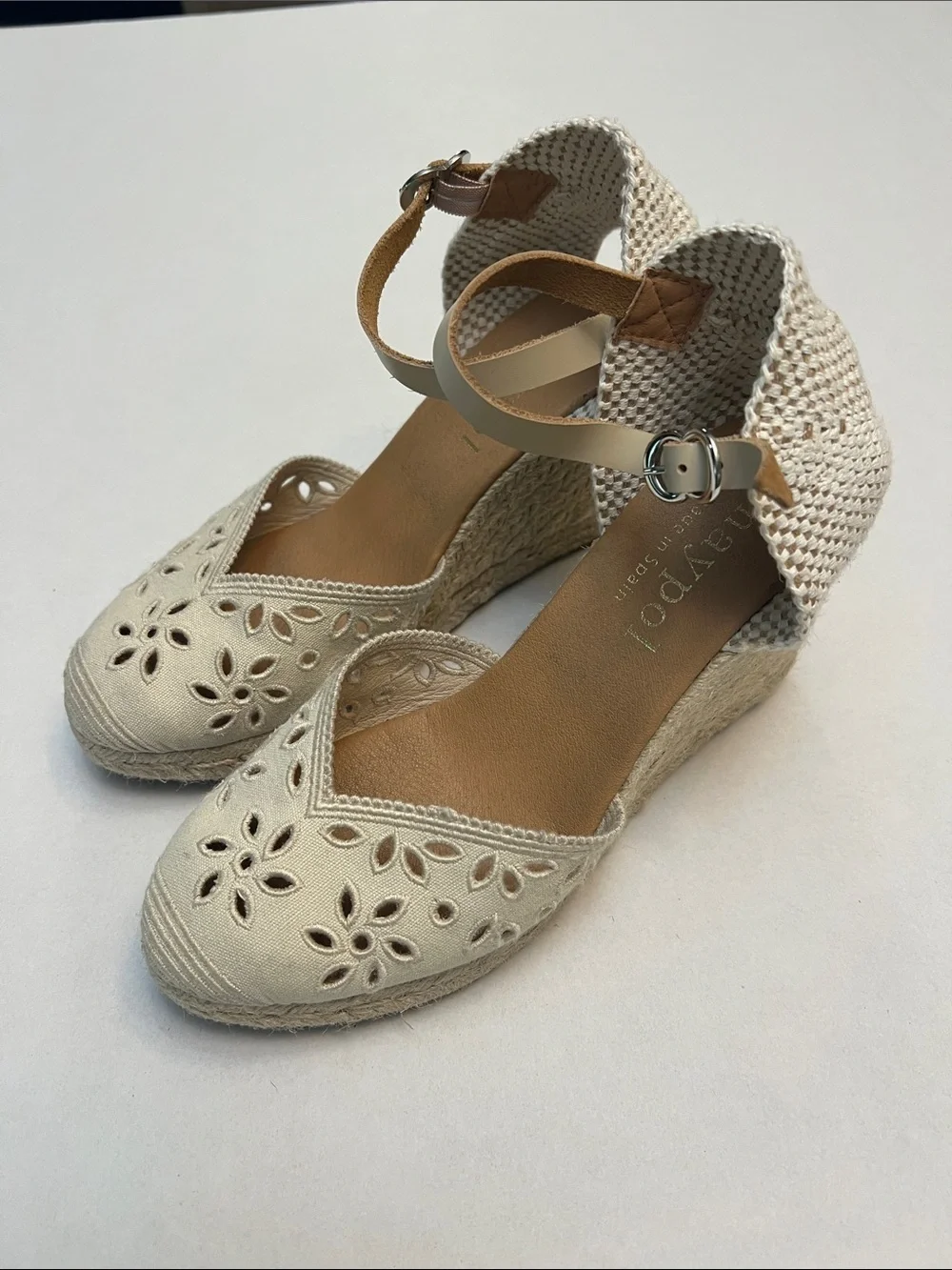 MAYPOL NEUTROL CUT-OUT ESPADRILLE WEDGE SANDALS WITH ANKLE STRAP 38=7 US